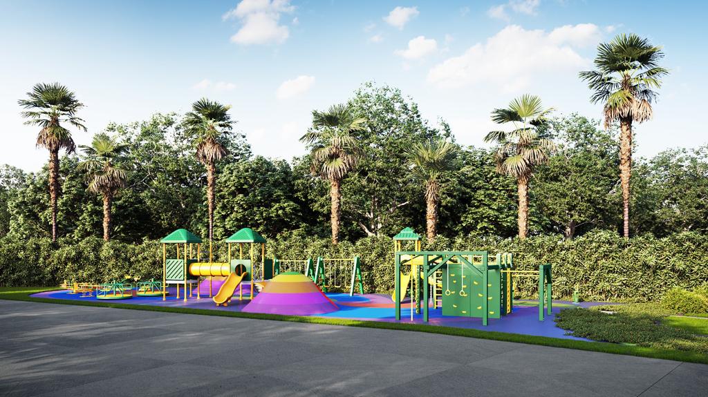 Children's play area surrounded by palm trees
